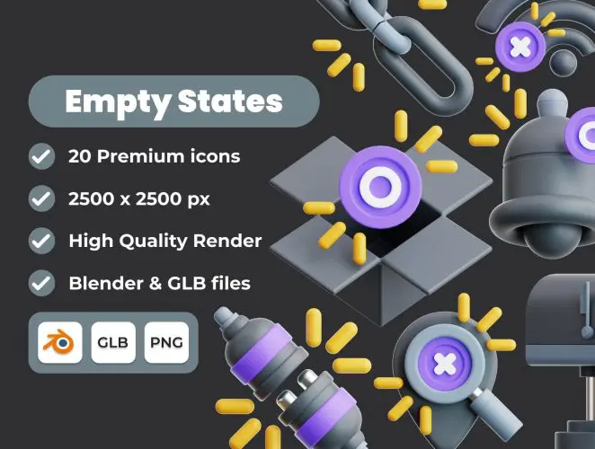 Empty States 3D Illustration Pack 20款3D趣味卡通空状态错误故障页面插图插画webp免抠图片素材