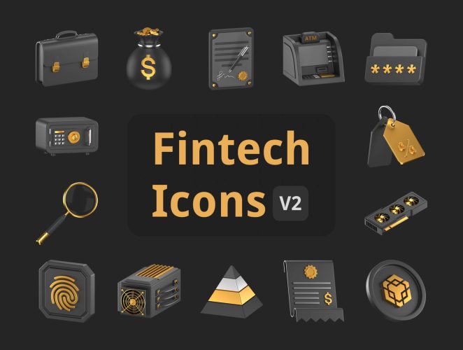 Fintech 3D Icons Pack Vol. 2 金融科技安全加密货币金色3D图标icon设计素材png免抠图片