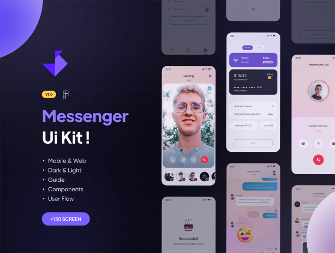 Messenger Mobile and Desktop App UI Kit  130多屏国外类微信在线社交消息聊天app界面设计明暗iu套件模板