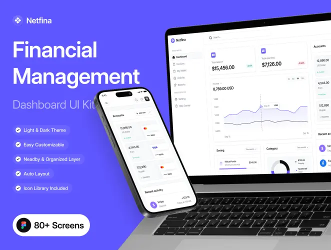 Netfina – Financial Management Dashboard UI Kit 金融财务加密货币资产管理Dashboard后台管理ui操作界面模板