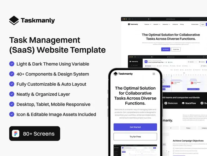 Taskmanly – Task Management Website UI Kit  适用于SaaS网站任务管理办公工具响应式应用程序UI套件