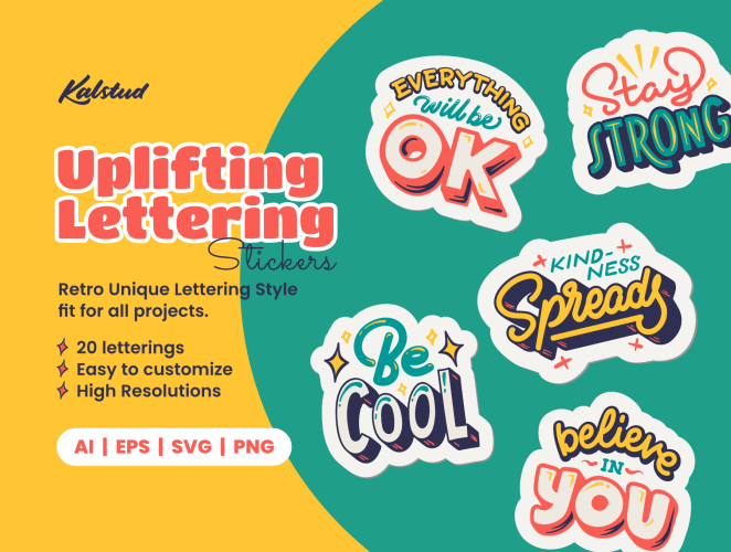 Uplifting Lettering Stickers Spread Positivity  20款时尚扁平字母英文剪切画贴纸插图插画png免抠图片设计素材