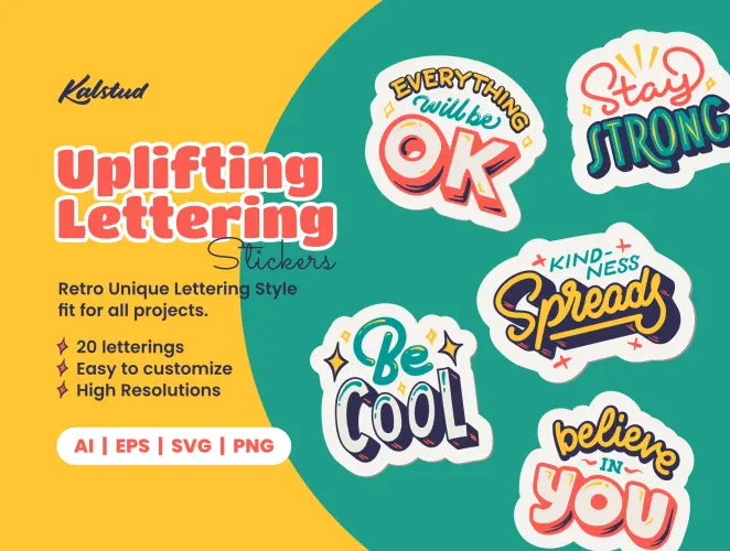 Uplifting Lettering Stickers Spread Positivity  20款时尚扁平字母英文剪切画贴纸插图插画webp免抠图片设计素材