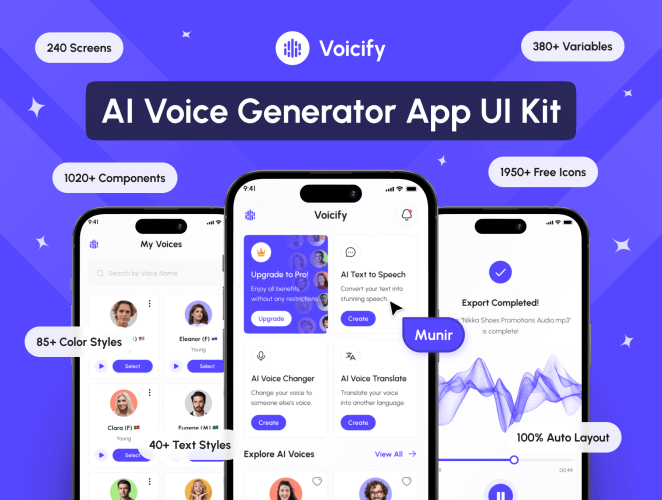 Voicify – AI Voice Generator App UI Kit  Ai人工智能语音识别聊天App应用程序ui界面设计fig模板套件素材