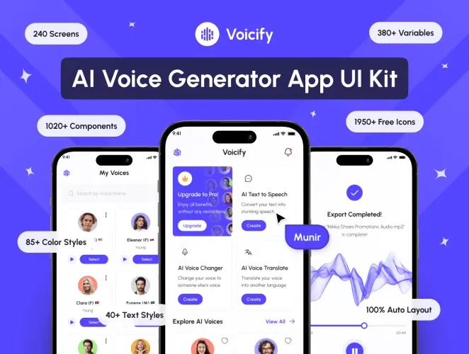 Voicify – AI Voice Generator App UI Kit  Ai人工智能语音识别聊天App应用程序ui界面设计fig模板套件素材