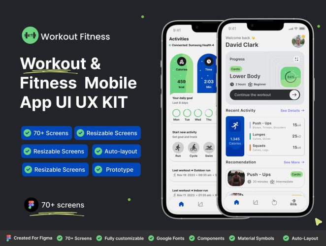 Workout mobile app Fitness App Exercise app  70多屏锻炼健身视频课程在线教学app用户界面设计ui套件模板