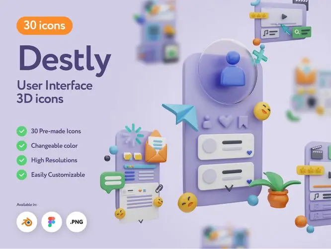 Destly Interface 3D Icons  30款时尚个性彩色用户界面3D立体icon图标webp免抠图片素材