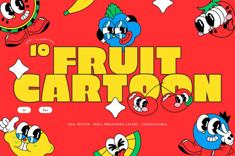 Blue Cartoon Fruit Illustration Set 趣味可爱卡通拟人水果形象插图插画矢量设计素材