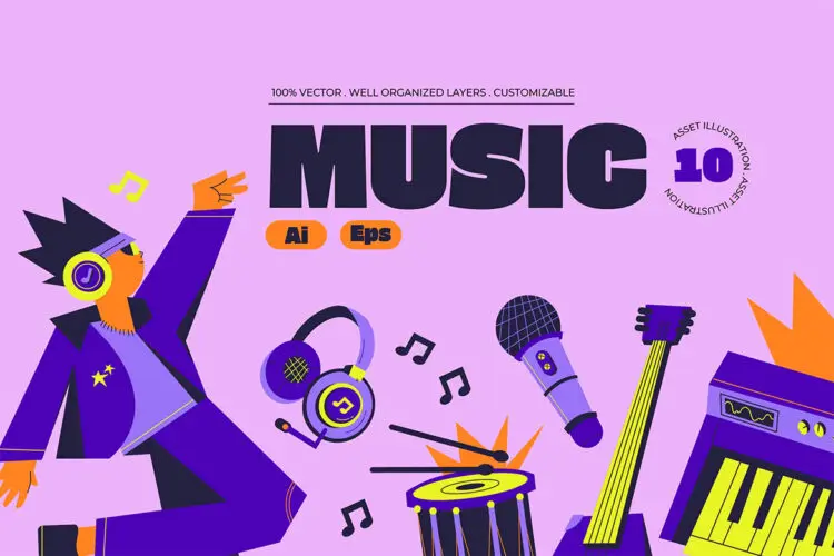 Pink Flat Design Music Illustration Set 音乐节演奏演唱演奏乐器手绘插图插画矢量设计素材