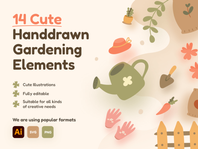 14 Handdrawn Gardening Icon Illustrations 园丁园艺植物栽培可爱卡通插图插画素材png免抠图文件