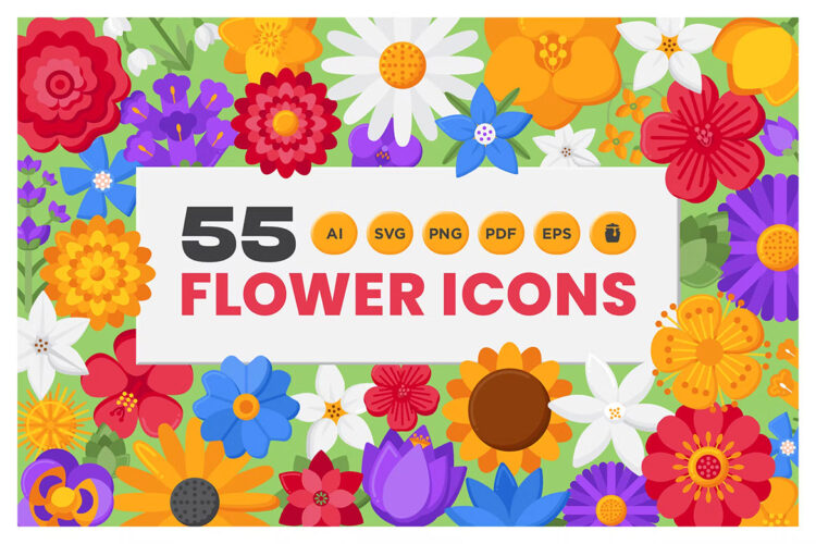 55 Flowers Icons – Rich Series  55躲花朵植物自定义颜色拟物icon图标Ai矢量设计素材