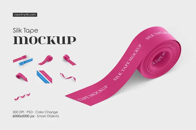Silk Tape Mockup Set 生日庆典节日装饰丝带模型logo标识设计贴图ps样机素材