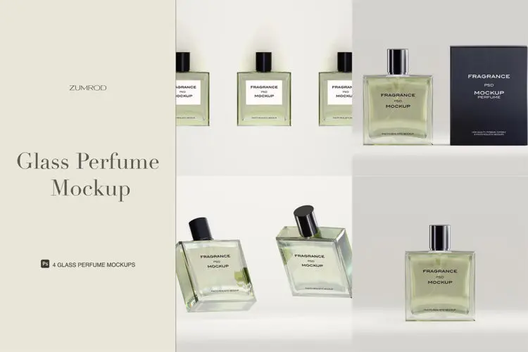 Glass Perfume Bottle Mockup  4款玻璃香水瓶美妆礼盒标签产品包装设计ps样机素材展示效果图