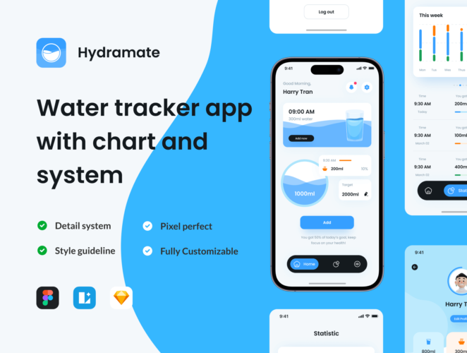 Hydramate – Water tracker app with chart and system 双配色智能饮水追踪记录喝水提醒水平衡健康App应用ui界面模板