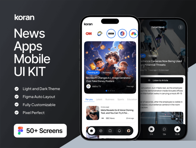 Koran – News Apps Mobile UI KIT 双配色时尚专业媒体新闻资讯浏览阅读移动App应用ui界面设计模板