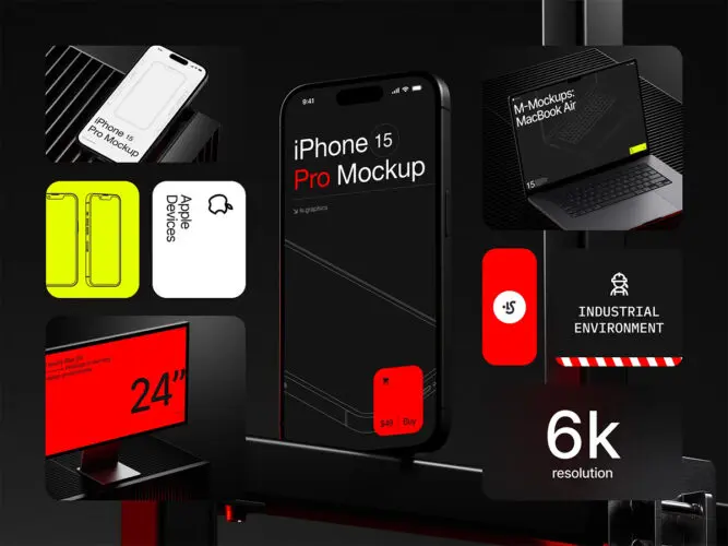 M-Mockups Apple Devices  16款金属工业风iPhone手机Macbook笔记本ipad平板显示器ps样机