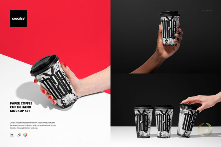 Paper Coffee Cup in Hand Mockup Set  9款手持一次性咖啡奶茶冷热饮杯纸杯包装设计ps样机展示效果图