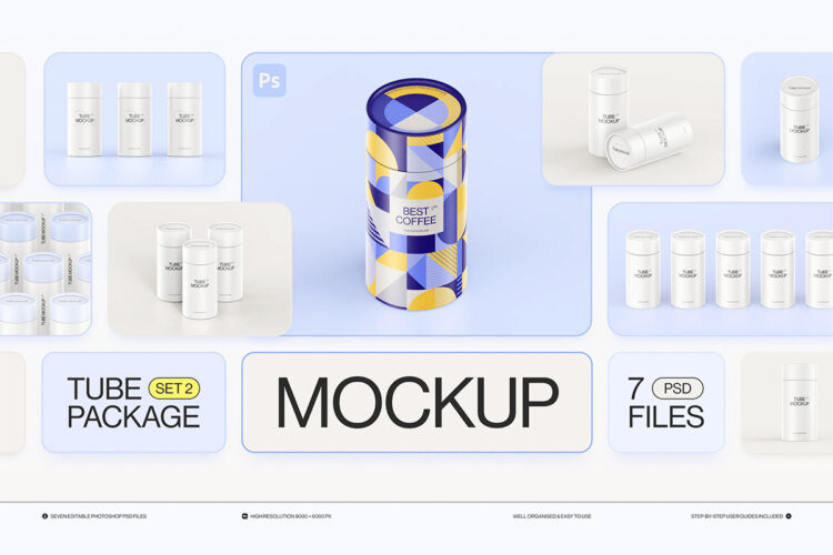 Paper Tube Package Mockup Set 2  7款圆形纸管收纳纸筒文创产品包装盒设计ps样机素材展示效果图