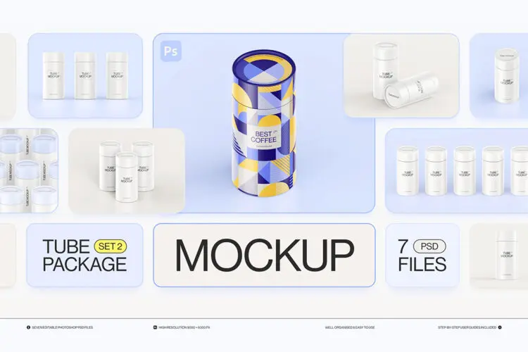 Paper Tube Package Mockup Set 2  7款圆形纸管收纳纸筒文创产品包装盒设计ps样机素材展示效果图