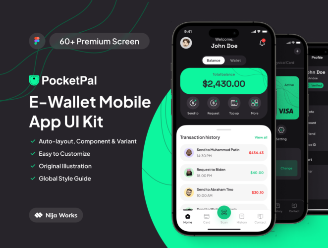 PocketPal – E Wallet App UI Kit 现代专业时尚移动金融电子钱包支付App应用ui界面设计fig组件模板