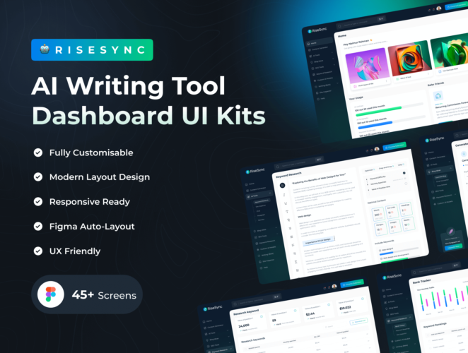 RISESYNC – Ai Writing Tool Dashboard UI Kit 专业人工智能Ai文本写作工具聊天助手后台ui界面设计fig套件模板