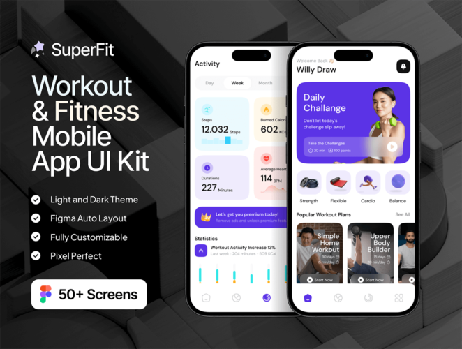 SuperFit – Workout & Fitness Mobile App UI Kit 时尚简约健身运动减肥塑形瑜伽训练教学App应用ui界面设计模板