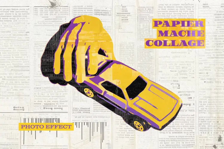Papier Mache Collage Photo Effect 纸浆彩绘报撕纸照片拼贴画ps特效样机素材模板