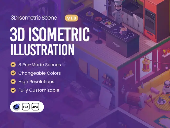 Moorgan 3D Rooms Isometric Scenes (v1.0) 8款3D等距房间室内生活场景插图插画图片国外设计素材