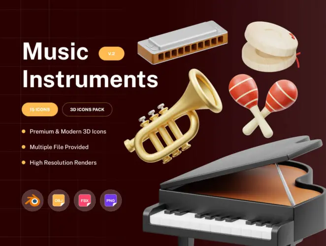 Music Instruments 3D Icon  15款音乐教学工作室乐器主题3D图标icon设计素材