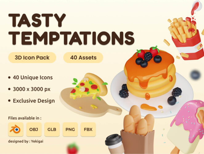 Tasty Temptations Ultimate Food 3D Icon Bundle 食物美食甜品主题插图3D立体图标icon设计素材