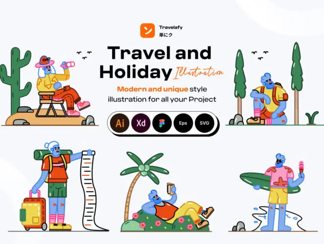 Travelafy – Travel and Holiday Illustration  20款趣味时尚潮流扁平化休闲旅行冲浪野炊攀岩插图插画ai设计素材