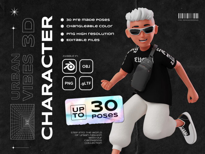 Urban Vibes – 3D Character Set  30款3D趣味卡通男孩学生姿势动作人物插图插画png免抠图片素材