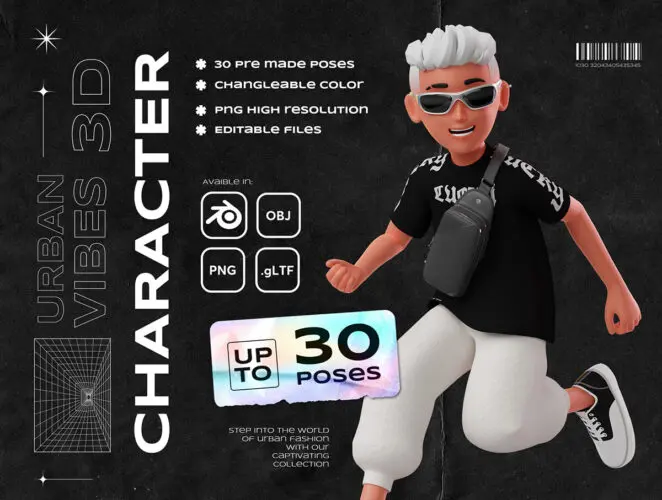 Urban Vibes – 3D Character Set  30款3D趣味卡通男孩学生姿势动作人物插图插画webp免抠图片素材
