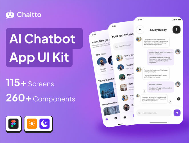 Chaitto – AI Chatbot App UI Kit  115屏国外人工智能Ai对话聊天app用户界面设计ui套件模板