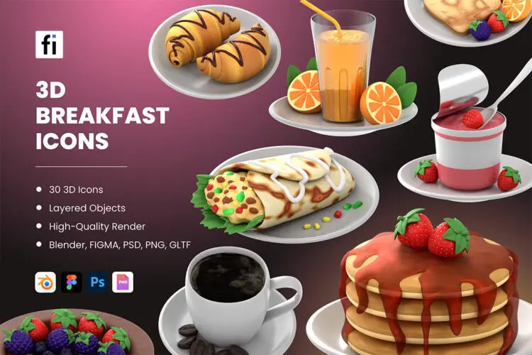 3D Morning Meal Icon Set  30款3D卡通趣味西式早餐甜品下午茶美食插图插画webp免抠图片素材
