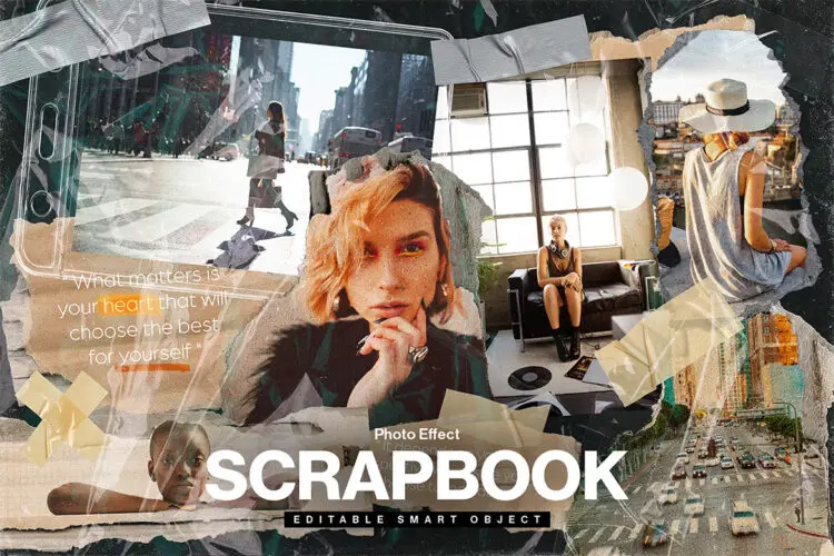 Scrapbook Photo Collage Template 复古撕纸胶带照片剪贴拼贴情绪板ps特效样机素材模板