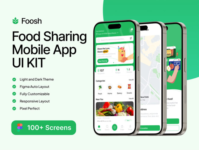 Foosh – Food Sharing Mobile App UI KIT  100多屏现代创意外卖预订配送移动应用程序 UI 套件