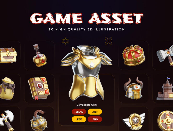 Game Asset 3D Icon  20款金色卡通3D立体战争游戏徽章奖杯icon图标插图插画设计素材