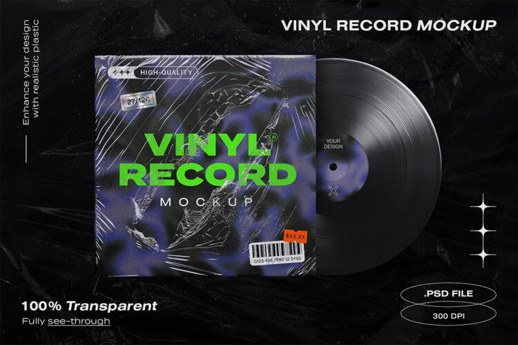 Vinyl Record Mockup Template 塑料透明CD音乐专辑包装薄膜模型展示设计贴图ps样机素材