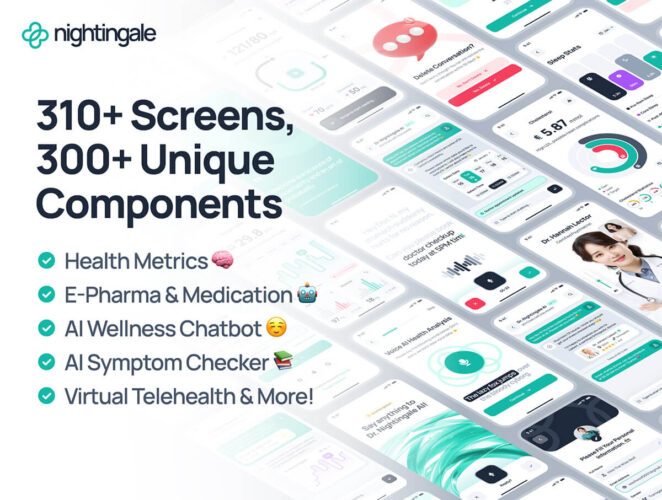 nightingale UI Kit AI Medical & E-Pharmacy App  310屏AI 医疗和电子药房在线门诊健康医疗应用app界面ui设计