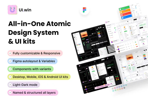 UI-win All-in-One Atomic Design System & UI kits  全套桌面版移动版iOS 版和 Android 版应用按钮卡片开关标签figma基础模块套件模板