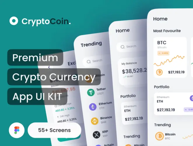 CryptoCoin – Crypto Wallet And Finance App UI Kit  55屏金融数字加密钱包应用app设计用户界面UI套件xd明暗模板