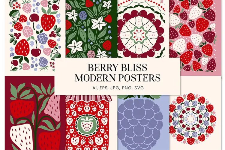 Berry Modern Posters Wall Art 手绘草莓蓝莓黑莓水果主题海报壁纸艺术背景图案矢量设计素材