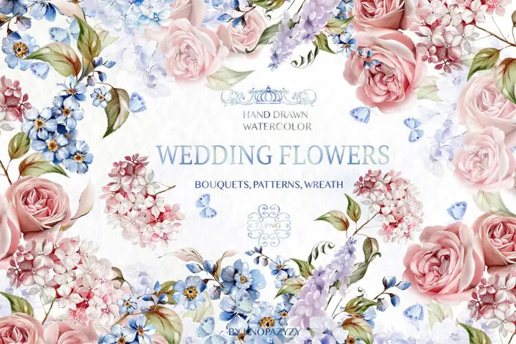 Watercolor wedding flowers 手绘水彩婚礼鲜花花束花卉花环背景无缝图案图片webp免抠图设计素材