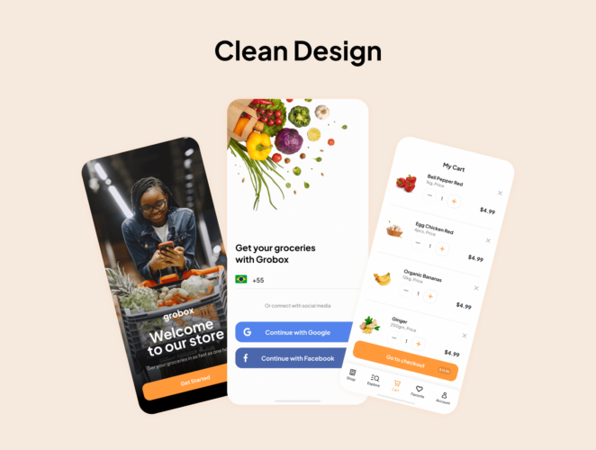 Grobox – Groceries Marketplace UI Kit 时尚线上超市外卖订单电商app界面橙色UI设计模板