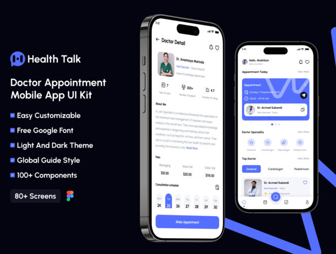 Health Talk – Doctor Appointment Mobile UI Kit  80屏在线移动医疗问诊预约日程安排用户界面app设计ui套件模板