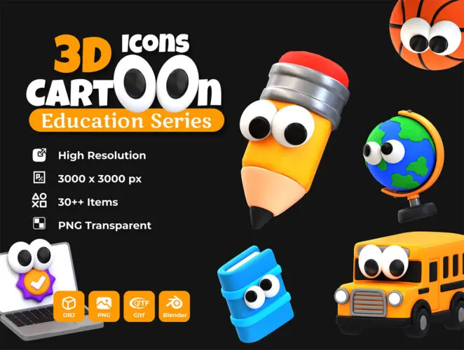 3D Cartoon Icon – Education Series 30多款可爱卡通趣味拟人化教育Emoji表情3D立体PNG图标Blender设计素材