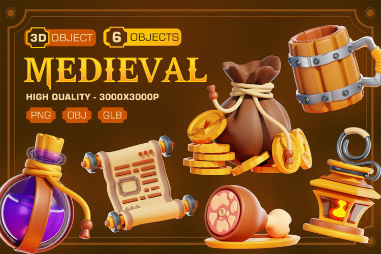 Medieval 3D Illustration Pack  25款3D卡通中世纪手机游戏装备插图插画icon图标png免抠图片素材