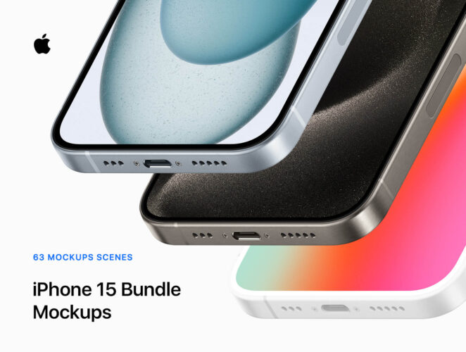 iPhone 15 Bundle – 63 Mockups Scenes  63款iPhone 15手机广告App界面设计作品贴图ps样机素材展示效果图