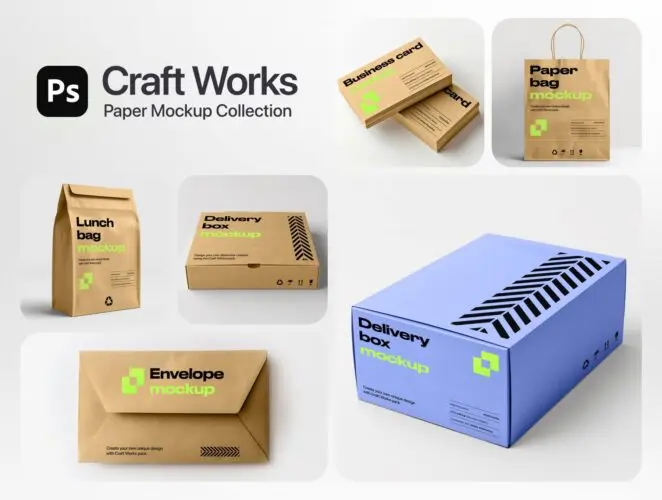 Craft Works – Paper Mockup Collection 12款牛皮纸包装盒纸袋纸盒标签产品包装纸杯拎袋ps样机展示效果图